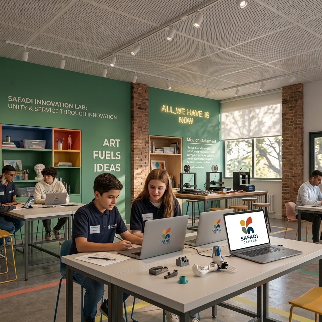 Interns working on laptops and 3D-printed projects together in the Safadi Innovation Lab
