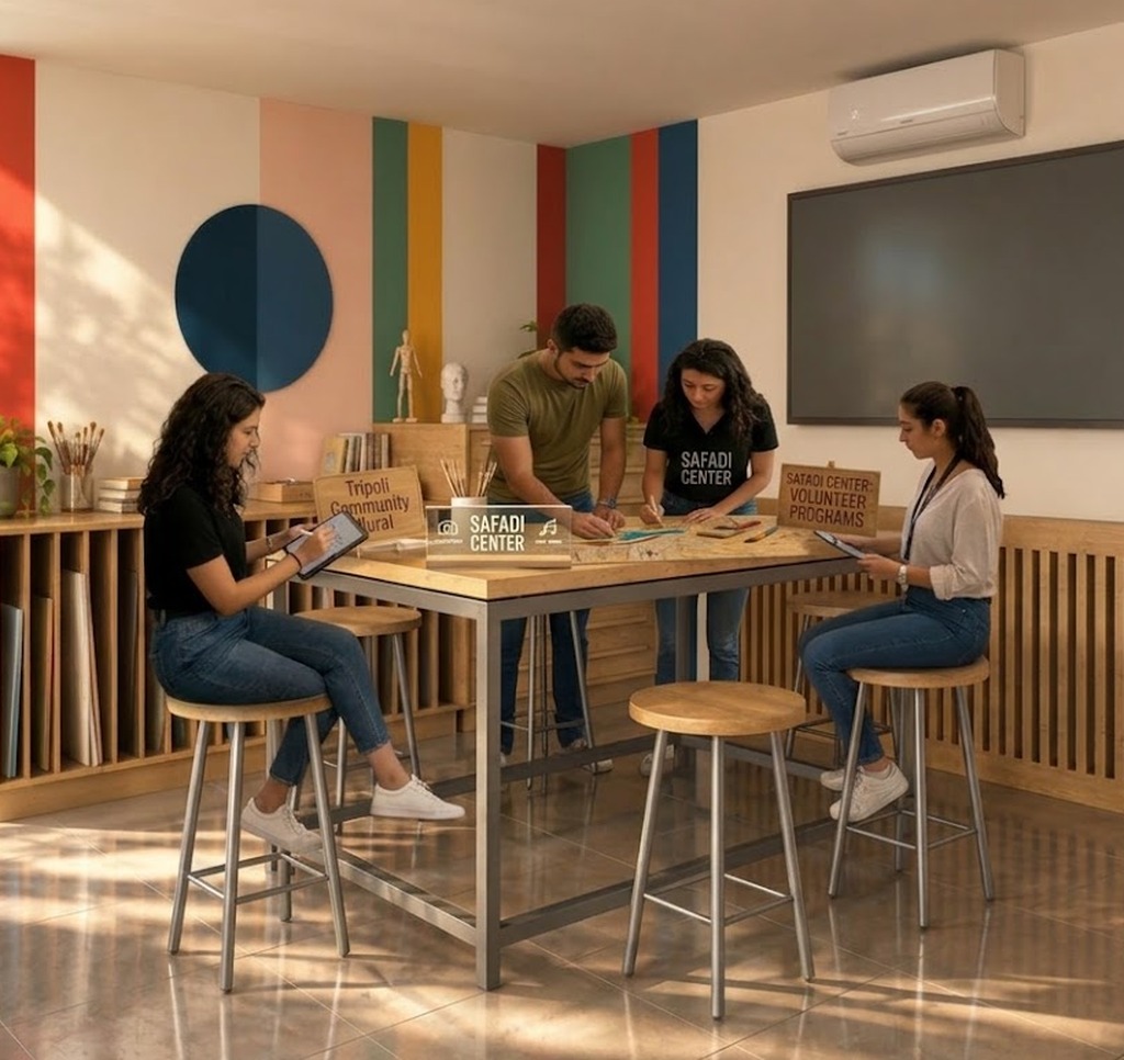 Volunteers working together on a community mural at a shared table inside the Center